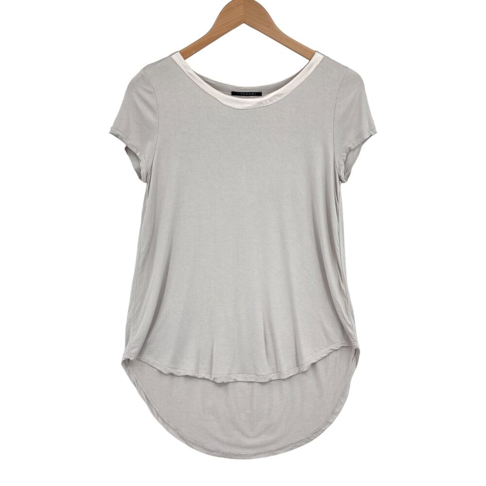 Tahari T Shirt Top Womens Small Gray Rayon High Low Short Sleeve Round Neck